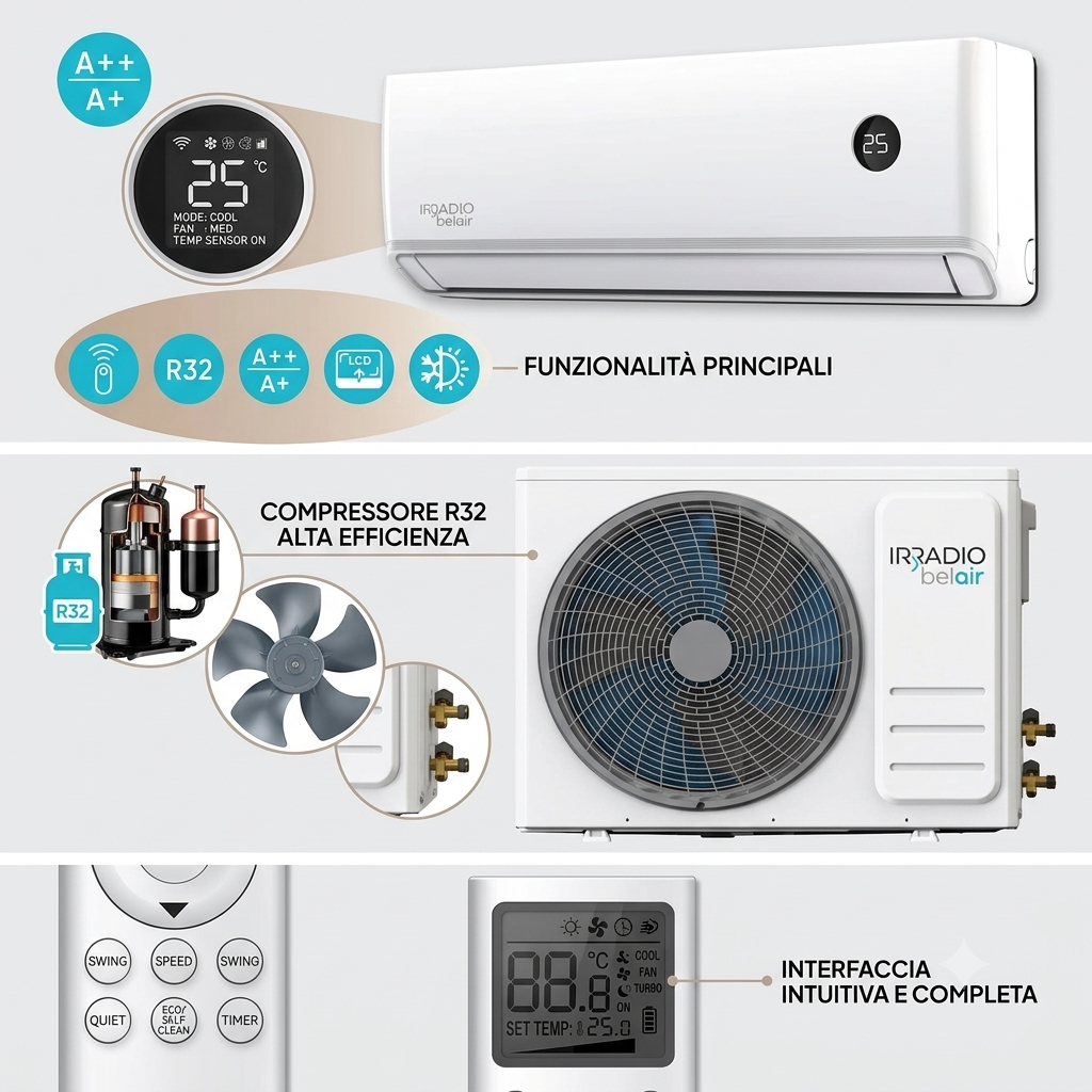 Condizionatore Irradio BelAir Alastor 9000 BTU - Classe A++/A+ Inverter con Pompa di Calore