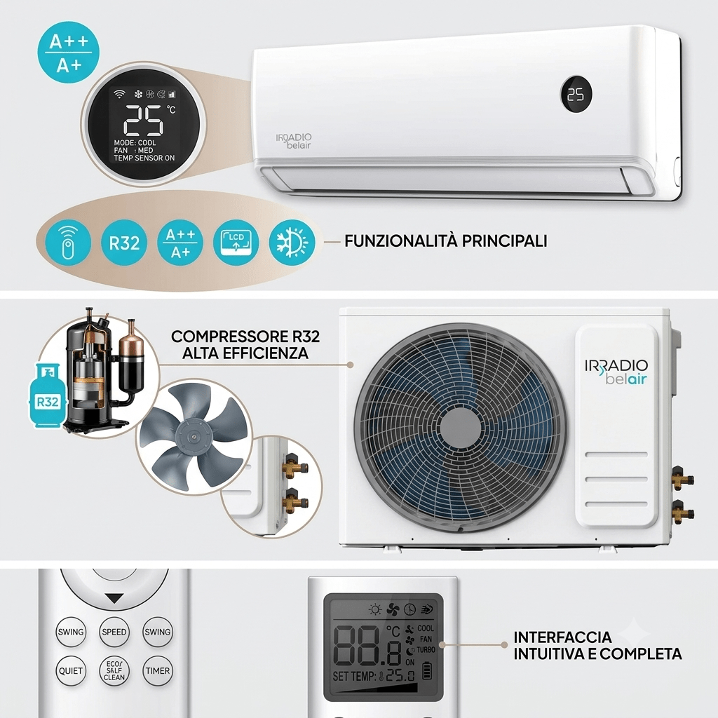 Condizionatore Irradio BelAir Alastor 9000 BTU - Classe A++/A+ Inverter con Pompa di Calore - Mebula
