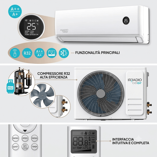 Condizionatore Irradio BelAir Alastor 9000 BTU - Classe A++/A+ Inverter con Pompa di Calore - Mebula